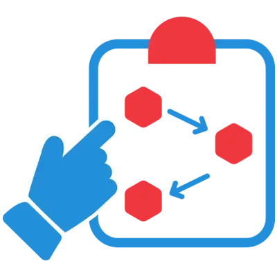 Red and blue graphic of a hand pointing to hexagons on a clipboard